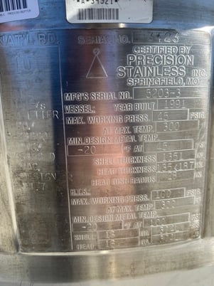 40 gallon Precision Stainless, 316L Stainless Steel tank, jacketed, 45 psi internal, dished bottom, 1991 - Image 4