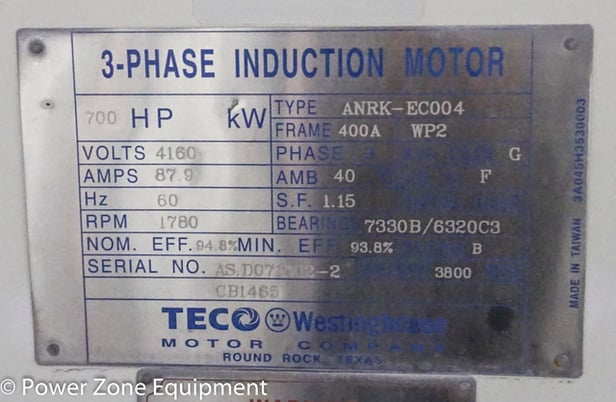 700 HP 1780 RPM Teco Westinghouse, Frame 400A, weather protected enclosure type 2, 4160 Volts, unused surplus - Image 6