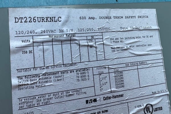 Eaton DT 226 URKNLC Double Throw Safety Switch - Image 3