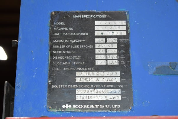 550 Ton, Komatsu #E2F-500, straight side double crank, 11.8" stroke, 33" Shut Height, 9.84" adj., 118.11" - Image 6