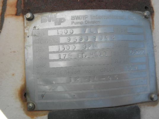 1500 GPM @ 175' TDH, Byron-Jackson #1500-VLT, Centrifugal Vert. Turbine Pump, 2-stage, 1995 - Image 2