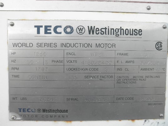1250 HP 1787 RPM Teco Westinghouse, Frame 4511, weather protected enclosure type 2, 1.15 service factor - Image 6