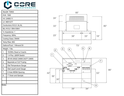 1500 KVA 24940Y/14375 Primary, 480Y/277 Secondary, PAD, Recon(2 available, shipment available in 10 days) - Image 2