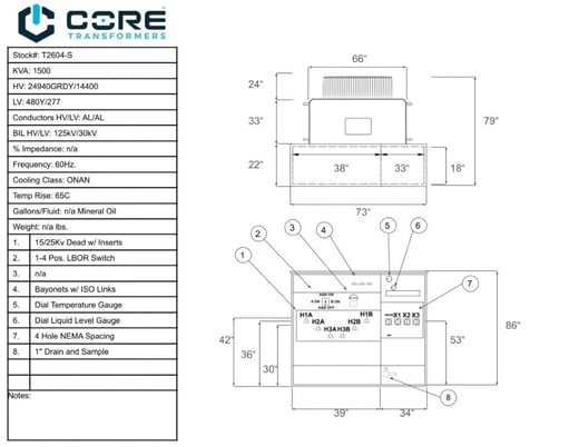 1500 KVA 24940GrdY/14400 Primary, 480Y/277 Secondary, Pad, proCORE(immediate shipment available) - Image 3