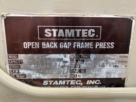 121 Ton, Stamtec #G1-110S, 7.1" stroke, 45.3" x 23.6" bed, 30-60 SPM, wet clutch/brake, 1990 - Image 9
