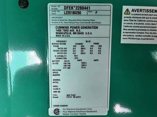 500 KW Cummins, Diesel generator set, standby, sound attenuated enclosure, EPA Tier 2, 277/480 Volts, new - Image 7