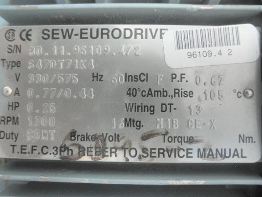 0.25 HP @ 1700 RPM, Eurodrive #S47DT71C4, Right Angle Gear Reducer Gearbox, 104.80 :1 Ratio, 16 RPM Output - Image 3