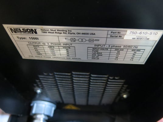 Nelson #1500i Inverter Stud Welder, 3/16" - 3/4" stud diameter range, 3 Ph 208-240V, 50/60Hz @ 60A - Image 7