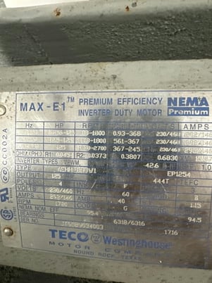 125 HP 1800 RPM Teco Westinghouse, Frame 444T, TEFC, ball, inverter duty, 230/460 Volts, new - Image 1