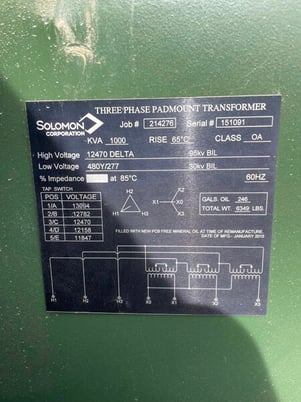 1000 KVA 12470 Delta Primary, 480Y/277 Secondary, Solomon, padmount oil transformer (2 available) - Image 1
