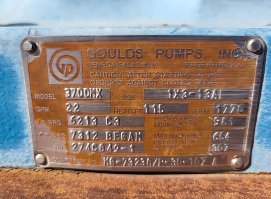 22 GPM @ 115' TDH, Goulds #3700-MX-1x3-13AL, Centrifugal Pump, Horz., 1-Stage, 3" suction, 1" discharge, 1770 - Image 7