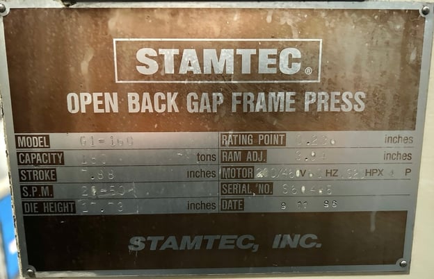 176 Ton, Stamtec #G1-160, gap frame, 7.9" stroke, 49.2" x31.5" bed, 20-50 SPM, wet clutch/brake, 1996 - Image 9
