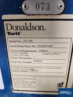 1243 cfm Donaldson #VS1200 Vibra Shake Dust Collector, 3 HP, S/N 2396497-002 - Image 2