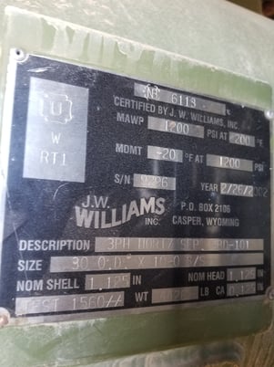 J.width Williams, Horizontal Test Separator, 30" outside dimension x 10', 1200 psi @ 200 F, 1.125" shell & - Image 2