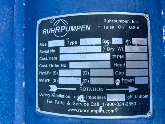 Ruhpumpen vertical pump, size 1150 VLT 24 stages, 539 GPM, 4311' head, MAWP 1800 PSI @ 175&deg;F, 6" Inlet / 8" - Image 1