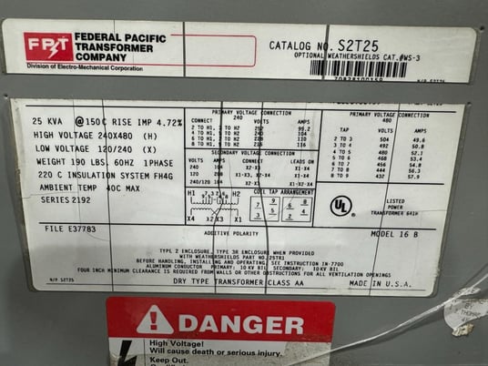25 KVA 480/240 Primary, 240/120 Secondary, Federal Pacific #16B, Series 2192 - Image 4