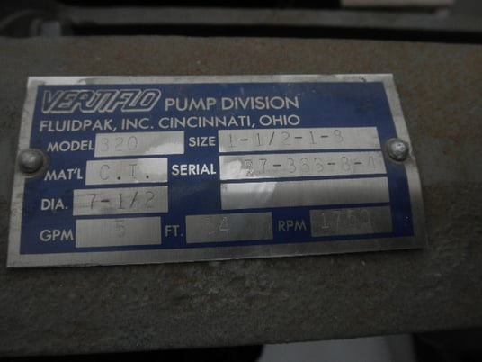 Vertiflo #820, Vertical Sump Pump, 5 GPM @ 34' TDH, 7.5" diameter, 1750 RPM - Image 5