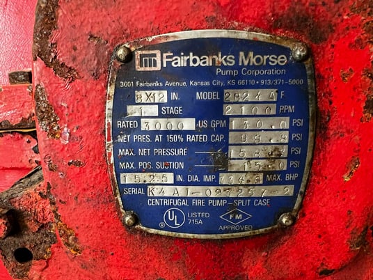 3000 GPM @ 130 psi, Fairbanks-Morse #2824A, Centrifugal Fire Pump, 1-stage, 15.25" imp., 2100 PPM, 350 hours - Image 10