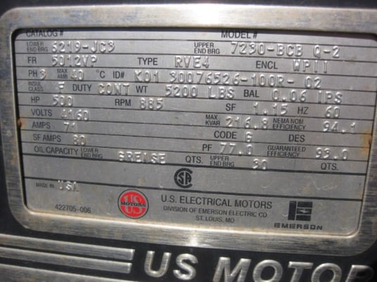 500 HP 900 RPM U.S. Motors, Frame 5012VP, weather protected enclosure ...