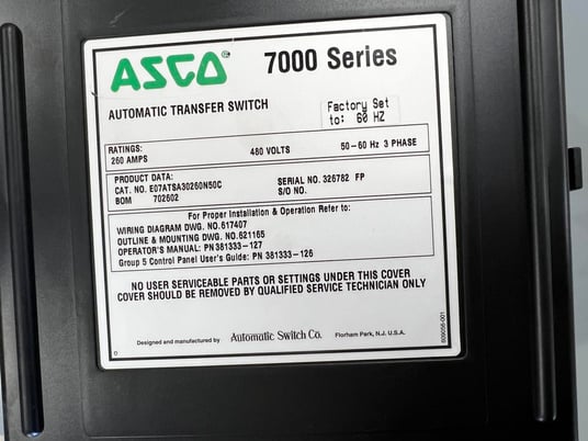 260 Amp. Asco #Series-7000, automatic transfer switch, 480 Volts, 3-phase, 3-poles wires, Nema 1 - Image 6