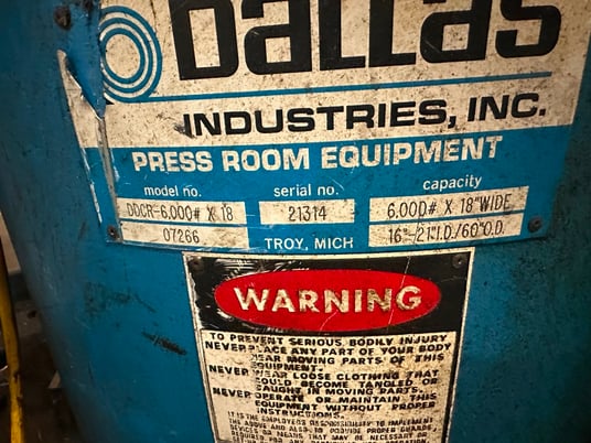 6000 lb. Dallas #DDCR-6000x18, double end uncoiler, 18" width, 60" outside dimensions, 16"-21" ID - Image 2