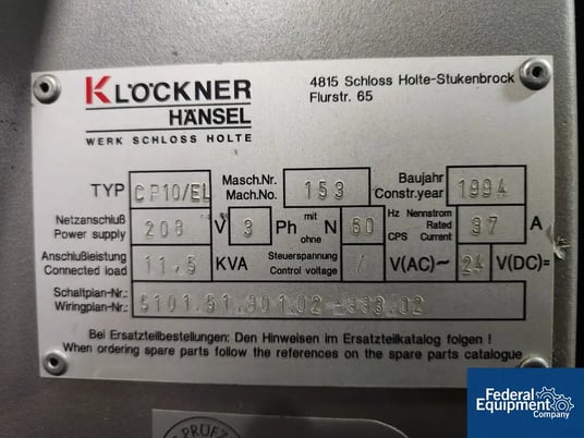 Klockner #CP10/EL, blister packing machine, 208V, 3 phase, PharmWorks vision system, serial# 153,1994 - Image 2