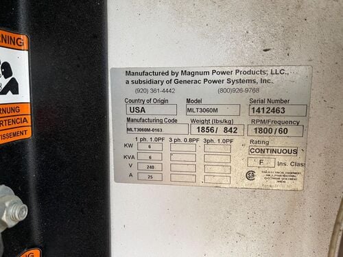 Magnum #MLT3060M, Light Tower, 1 phase, 6 kW, 6 kVA, 1800 RPM, 240 V, 5764 hours - Image 5