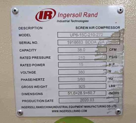 38 cfm, 210 psig, Ingersoll-Rand, rotary screw air compressor, 15 HP, 380 V., 2020 - Image 5