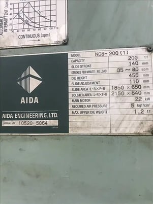 220 Ton, Aida #NCS-200(1), straight side double crank press, 5.5" stroke, 17.9" die height, 4.3" slide - Image 9