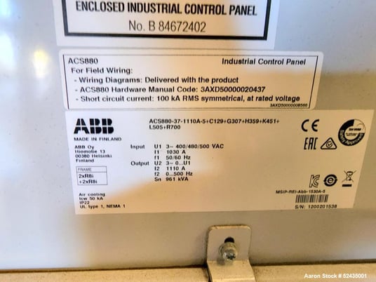 900 HP ABB, ACS880-37, Ultra Low-Harmonic Cabinet Drive, 480 VAC, floor standing, unused 2019 - Image 9