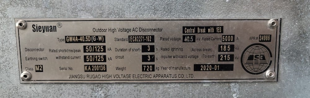 5000 Amp. Sieyuan / DS / GW4A-40.5D (G-W) / 40.5 KV, 50kA, Central Break, W/ES, Motorized (3 available) - Image 1
