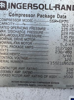 320 cfm, 125 psig, Ingersoll-Rand #SSR-EP75, screw air compressor, 75 HP, 230/460 V. - Image 6