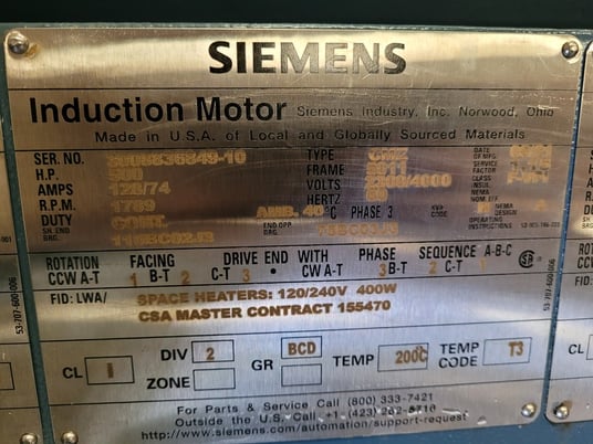 500 HP 1800 RPM Siemens, Frame 509/10/11, TEFC, BB, new, 2300/4000 Volts (6 available) - Image 2