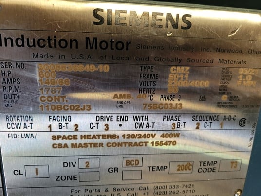 600 HP 1800 RPM Siemens, Frame 509/5010/5011, tefc, bb, new, 2300/4000 Volts (5 available) - Image 2
