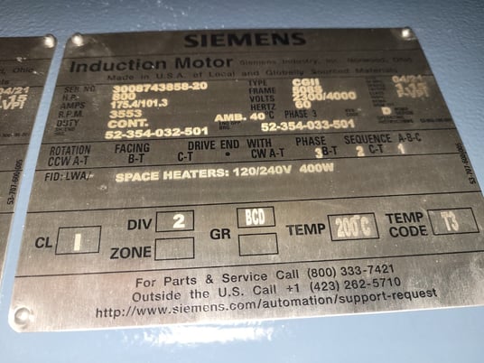 800 HP 3600 RPM Siemens, Frame 508S, weather protected enclosure type 2, SB, new, 2300/4000 Volts - Image 3