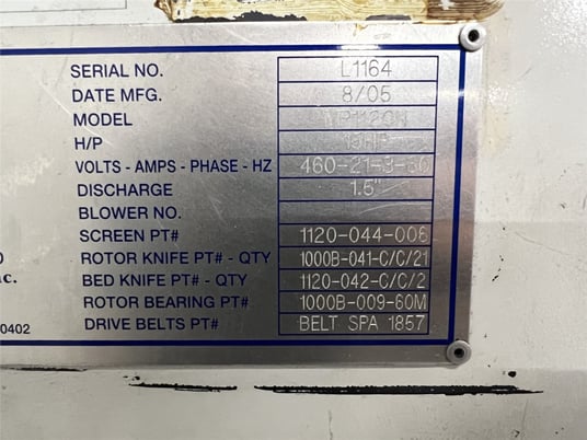 11" x 20" MPG #M1120, granulator, 15 HP, starter Control, 21 blade staggerd knife rotor, bolt on blades - Image 2