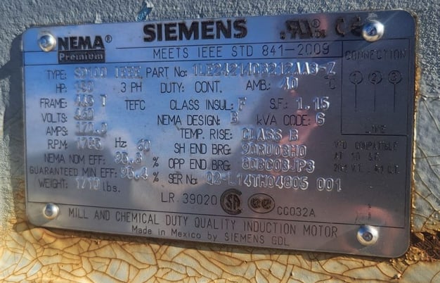 150 HP 1800 RPM Siemens, Frame 445T, TEFC, 1.5 service factor, 460 Volts - Image 6