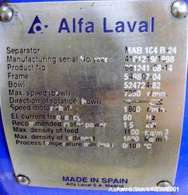 Alfa-Laval #MAB-104B-24, Solid Bowl Disc Centrifuge, Liquid/Liquid/Solid Separation, Stainless Steel, maximum - Image 5