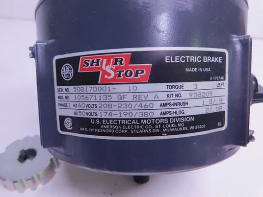 U.S. Motors Motors Shur Stop, 105671135-QF-Rev-A, Electric Brake, 3 lb.ft. Torque, 60 Hz, 208-230/460 V, New - Image 4
