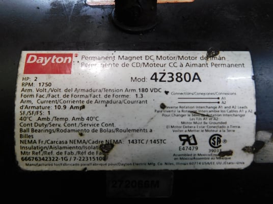 2 HP 1750 RPM Dayton, DC Permanent Magnet Motor w/Speed Control, Frame 143/5TC, 9.5 Amps, 180 VA, Used - Image 8