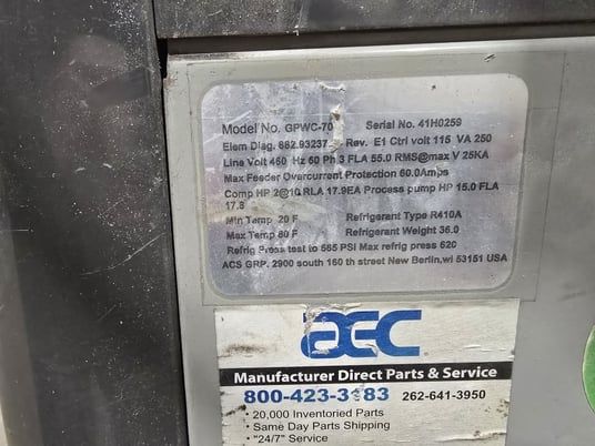 20 Ton, AEC #GPWC-70, Water-Cooled Chiller, 2 HP compressor, 15 HP process, 480 V., 2012 (2 available) - Image 4