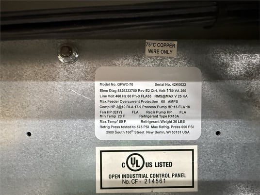 20 Ton, AEC #GPWC-70, Water-Cooled Chiller, 2 HP compressor, 15 HP process, 480 V., 2012 (2 available) - Image 10