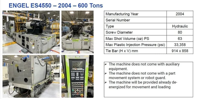 600 Ton, 63 oz., Engel #ES4550/600, 36.02" x 33.86" tie bar spacing, 73.37" daylight, 2004 - Image 2