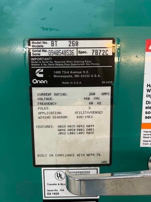 260 Amp. Cummins 306-4167-30, automatic transfer switch, 480 Volts, 1994 - Image 5