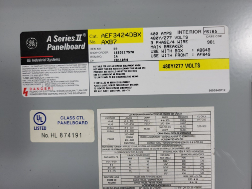 400 Amp. General Electric, AEF3424DBX AXB7 A Series II, Panelboard, 480Y/277 Volts AC - Image 3