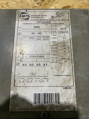 2000 VA, Hammond Power Solutions #C1F002PES, Transformer, 1 Phase, 60 Hz, 600 V Primary, 120/240 V Secondary - Image 2