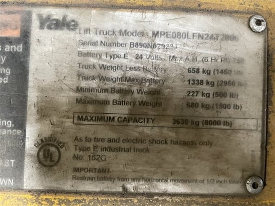 8000 lb. Yale #MPE080IFN24T2890, Pallet Jack, Double Pallet, 8' long Forks, 24 V, 775 hours - Image 7