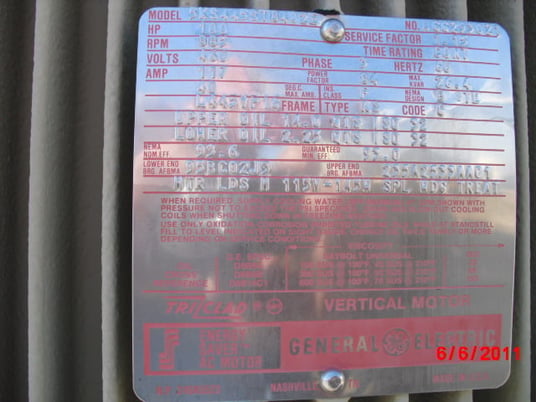 100 HP 900 RPM General Electric, Frame L445VP16, TEFC BB, 460 Volts, New Surplus - Image 3