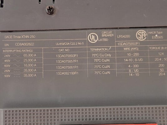 125 Amps, ABB, Sace Tmax XT4NU3125AYJ000XXX, Circuit Breaker, 3P 600V Type XT4N250 - Image 3