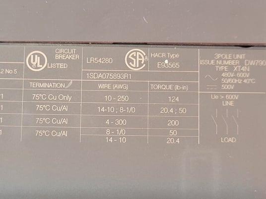 125 Amps, ABB, Sace Tmax XT4NU3125AYJ000XXX, Circuit Breaker, 3P 600V Type XT4N250 - Image 4